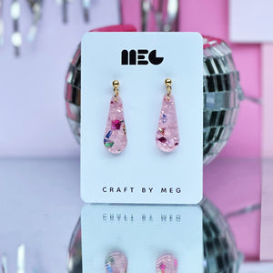 Acrylic pink confetti glitter drop earrings w/ Gold filled earring components; handmade in Charlotte, NC.