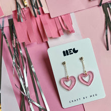 Load image into Gallery viewer, Acrylic translucent pink glitter open heart drop Earrings w/ Gold filled earring components; handmade in Charlotte, NC.