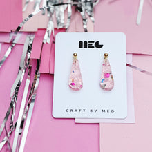 Load image into Gallery viewer, Acrylic pink confetti glitter drop earrings w/ Gold filled earring components; handmade in Charlotte, NC.