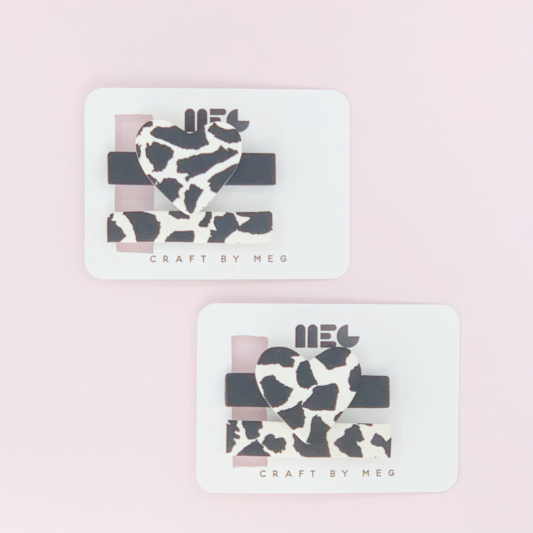 COW PRINT HEART HAIRCLIPS