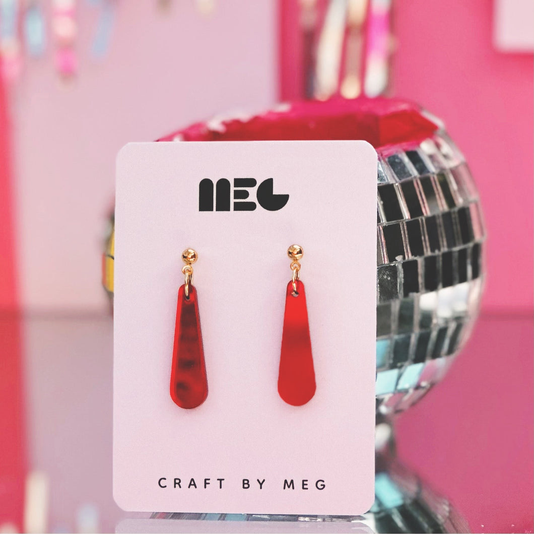 Acrylic red mirror drop Earrings w/ Gold filled earring components; handmade in Charlotte, NC.